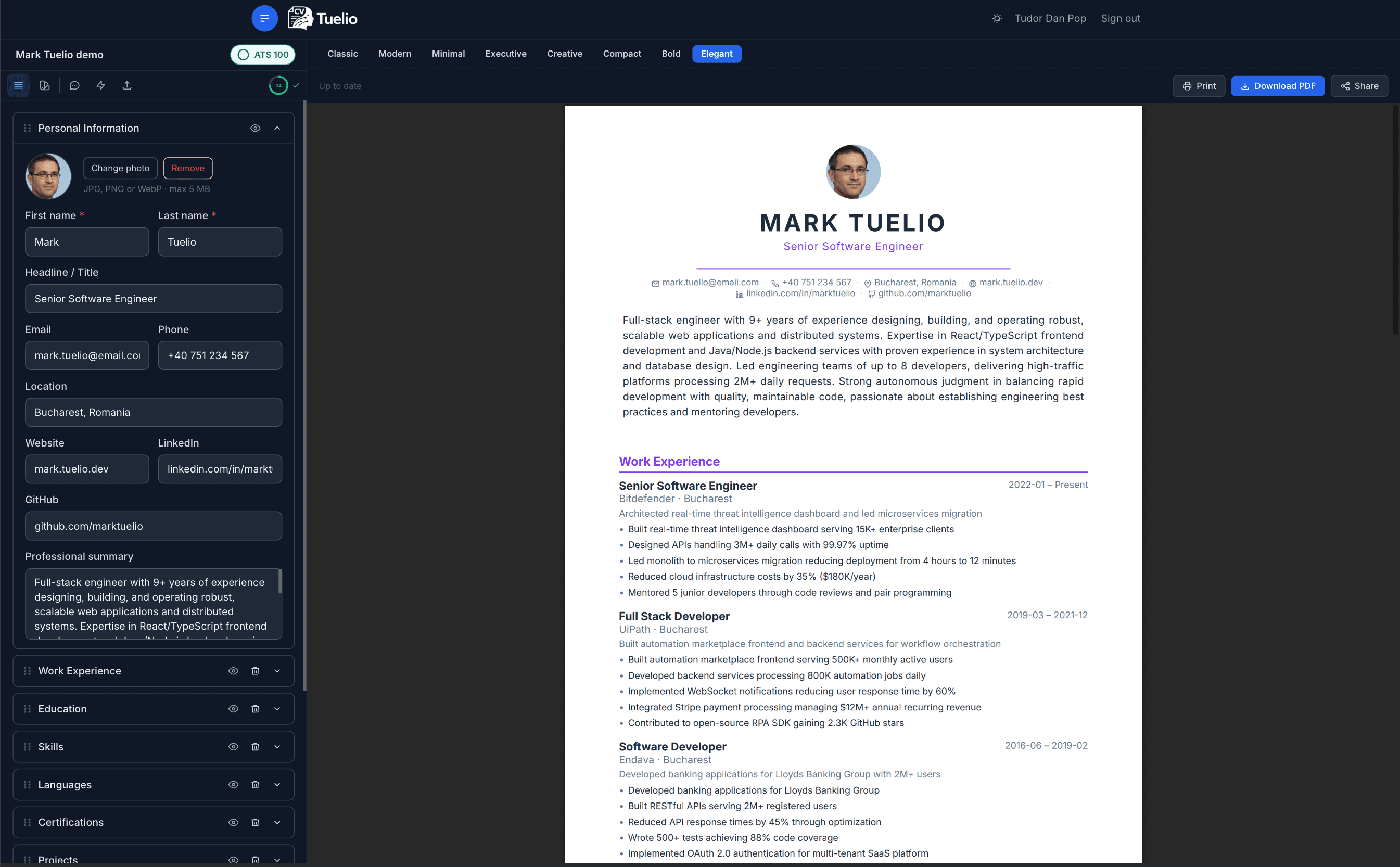 Tuelio CV editor on desktop